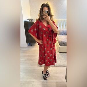 Red Silk Kaftan Swim Cover-Up with Geometric Patterns Like New